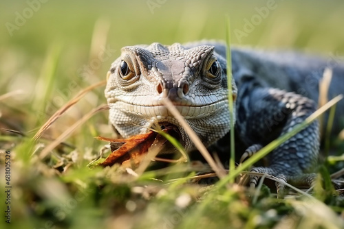 Macro nature.Funny nature.Lizard in nature.A lizard with a large insect in its mouth.Beautiful gray lizard portrait  hunts in the natural environment  in the grass  eats.Close-up reptile with prey