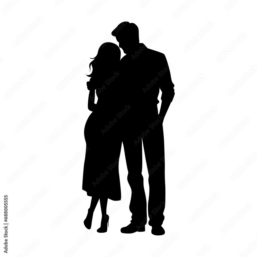 Man hugs woman, sweet couple silhouette, couple standing together