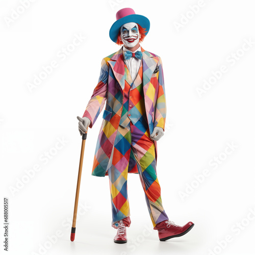 Full length portrait of a clown standing isolated on white background