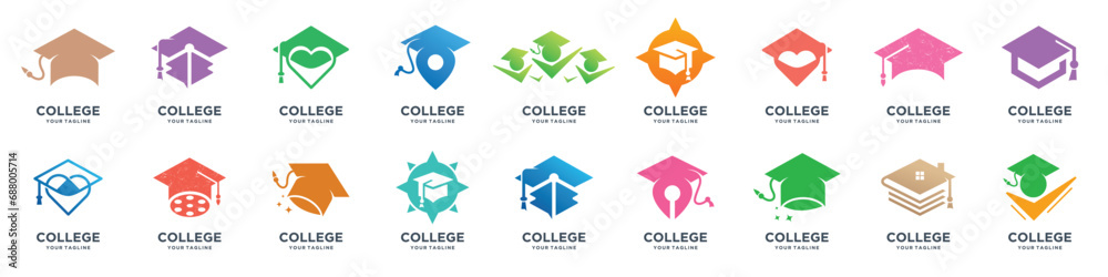 set education and logo graduation hat.school book,graduate hat,book store and student.Teaching symbols - obrazy, fototapety, plakaty 