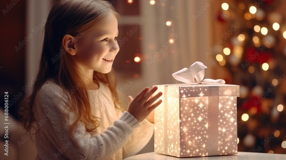 A child holds an open gift Box in his hands in the Christmas living room. The concept of the holiday. A festive image. Banner, Poster.