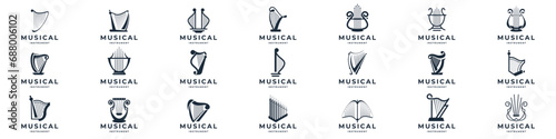 icon set harp Mega Collection , lyre symbol, guinness or logo instrumental. Classical music symbol abstract concept vector illustration.