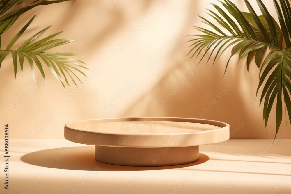 Empty round podium for product presentation with beige background with shadow of tropical palm leaves and light