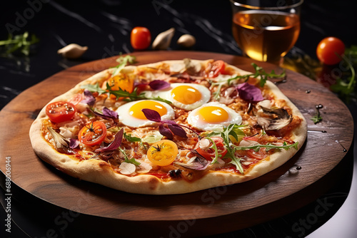  A fine dining restaurant offering an artistic pizza presentation, utilizing gourmet ingredients, elegant plating techniques, and a fusion of sophisticated flavors for a culinary delight. 