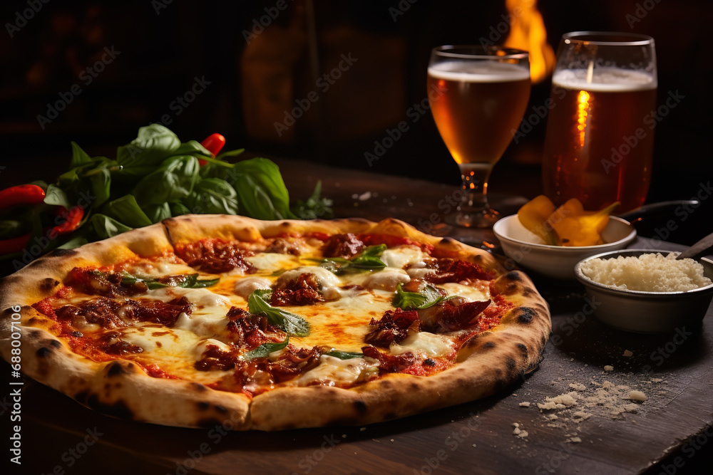  A gourmet pizzeria in a bustling city offering artisanal pizzas baked in a wood-fired oven, featuring a cozy ambiance and known as a culinary delight and a popular dining spot.
