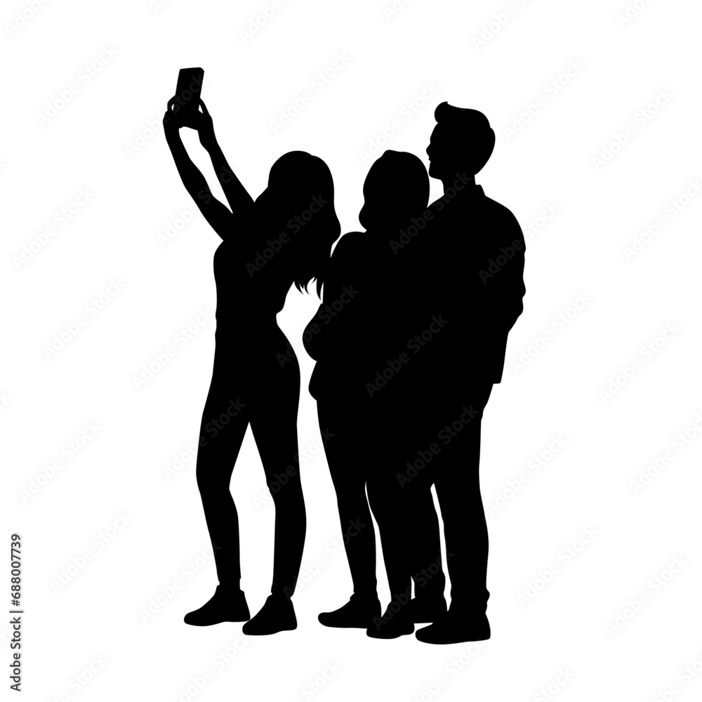 Group of man and woman taking selfie through mobile phone, group selfie, group of friends take picture with phone silhouette