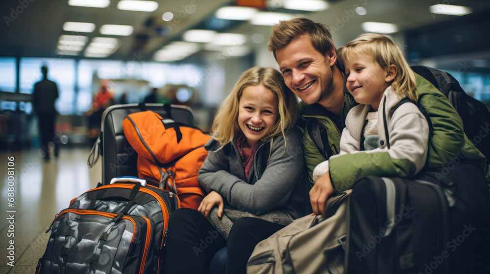 Happy Family Ready for Journey - Excitement and Togetherness in Terminal Departure Zone. Happy Family Ready for Journey - Excitement and Togetherness in Terminal Departure Zone.