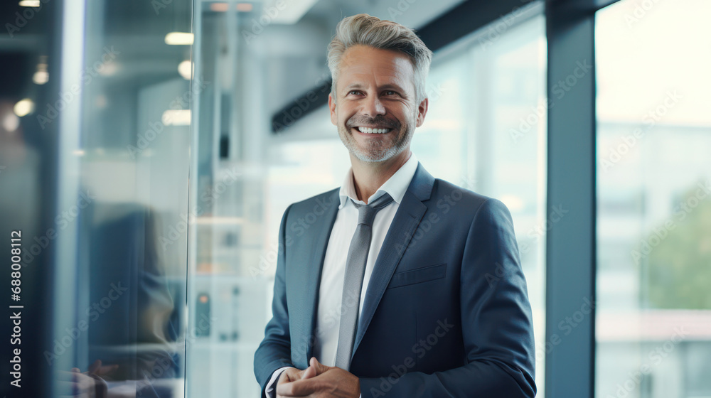 CEO Middle-Aged Businessman Smiles, Engaged with Tablet - Visionary Leadership in Action. CEO Middle-Aged Businessman Smiles, Engaged with Tablet - Visionary Leadership in Action.