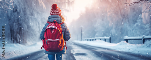 Girl with red backpack going alone along street in snowfall. photo