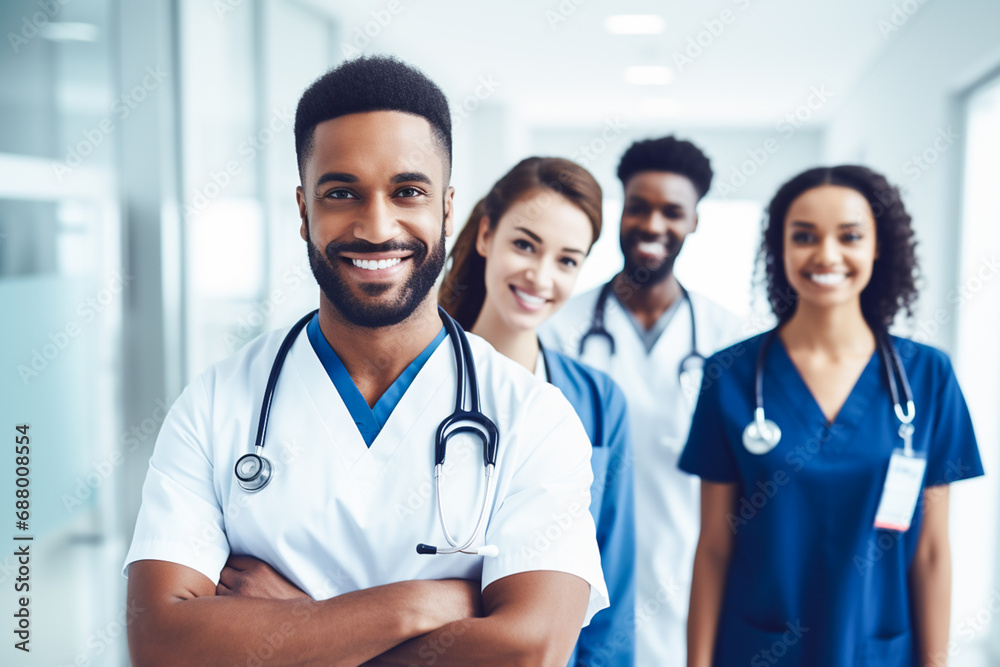 Portrait of multiracial medical team standing in hospital corridor.
