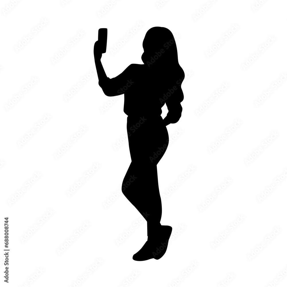 Woman taking selfie through mobile phone, woman selfie, woman take picture with phone silhouette