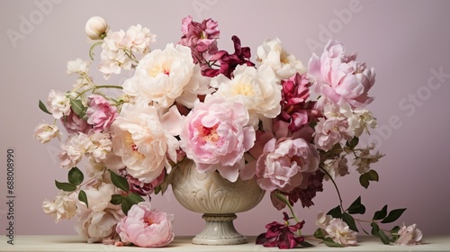 a cluster of peonies, with their lush and velvety petals, graces a white surface, creating a luxurious and opulent floral masterpiece that exudes beauty and indulgence. © Ahmad