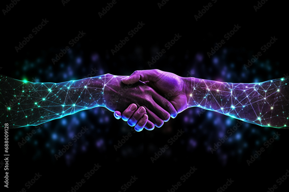 Intricate Handshake of Glowing Teck Lines and Dots, Symbolizing Connectivity and Innovation on a Cosmic Dark Background. Ai generated - obrazy, fototapety, plakaty 