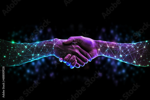 Intricate Handshake of Glowing Teck Lines and Dots, Symbolizing Connectivity and Innovation on a Cosmic Dark Background. Ai generated photo