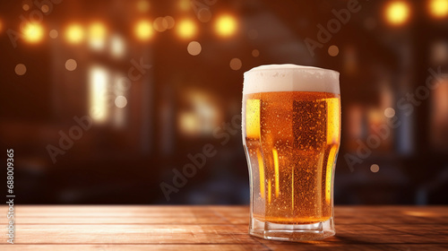 Cold Beer Glass on Bar Counter with Warm Ambience