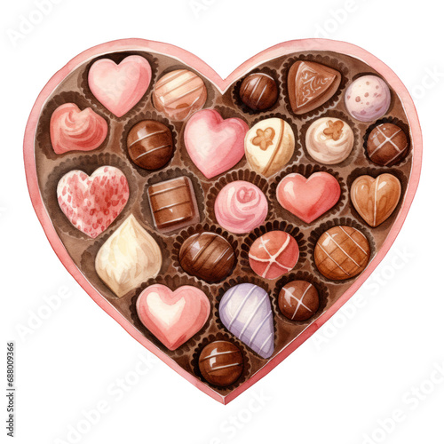 Watercolor Chocolate Box Heart Shape Clipart,Valentine day lover Food Gift,isolated on white and transparent background.