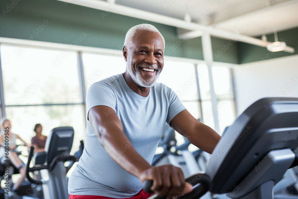 Obraz premium Mature fitness, elderly African American man in the gym, health exercise, active lifestyle