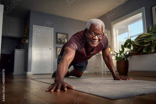 Home fitness for the elderly, stretching and exercise to promote a healthy lifestyle photo