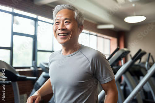 Elderly Asian man in the gym, fitness stretching, healthy exercise