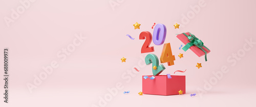 Fototapeta Naklejka Na Ścianę i Meble -  2024 Happy New Year in gift box ribbon and Christmas decorations. Celebrate party 2024. Christmas Poster, banner, cover card, brochure, flyer, layout design. greeting card. copy space. 3d rendering