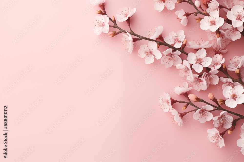 Blossom cherry branches on pastel pink background.