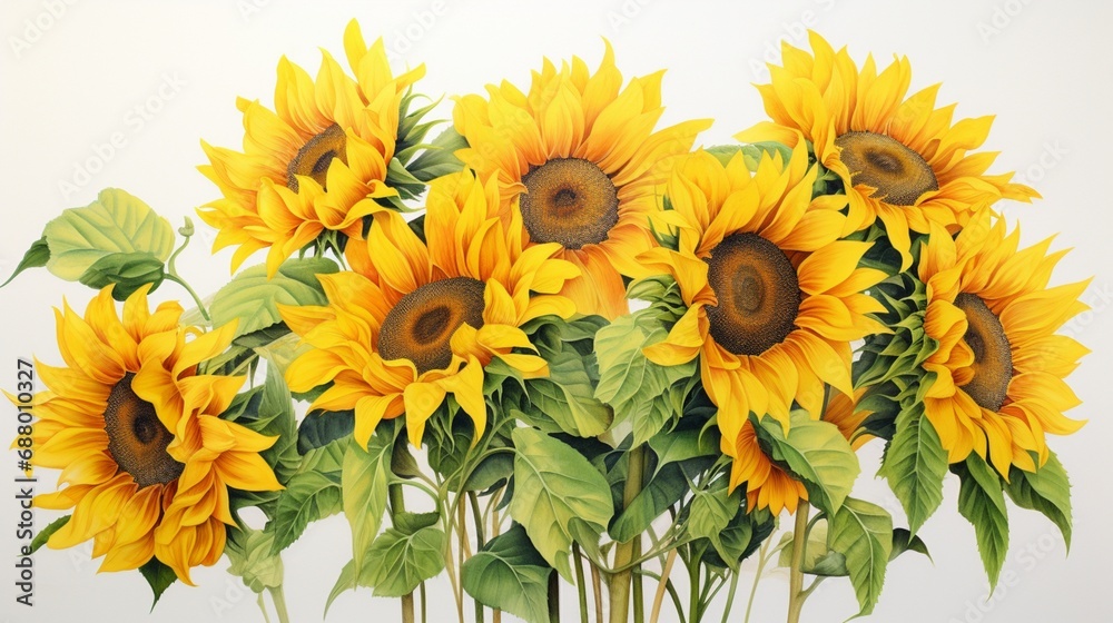 a cluster of sunflowers stands tall on a white surface, their golden blooms radiating warmth and positivity, creating a vibrant floral masterpiece.