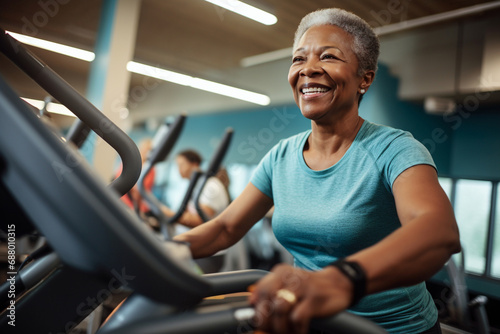 Elderly African American woman engaged in sports, gym fitness for seniors, healthy aging, active lifestyle photo