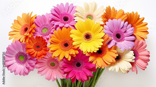 a cluster of vibrant gerbera daisies  their bold and cheerful colors arranged harmoniously on a clean white background  forming a lively and eye-catching floral composition.