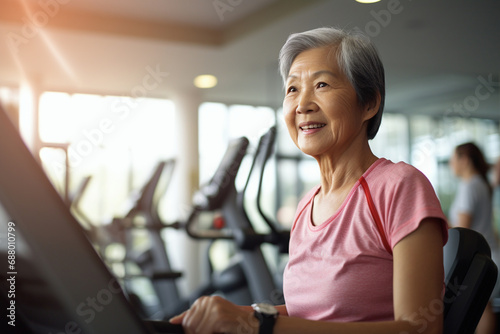 Mature woman exercising in the gym, Asian senior fitness, healthy aging, sporty lifestyle photo