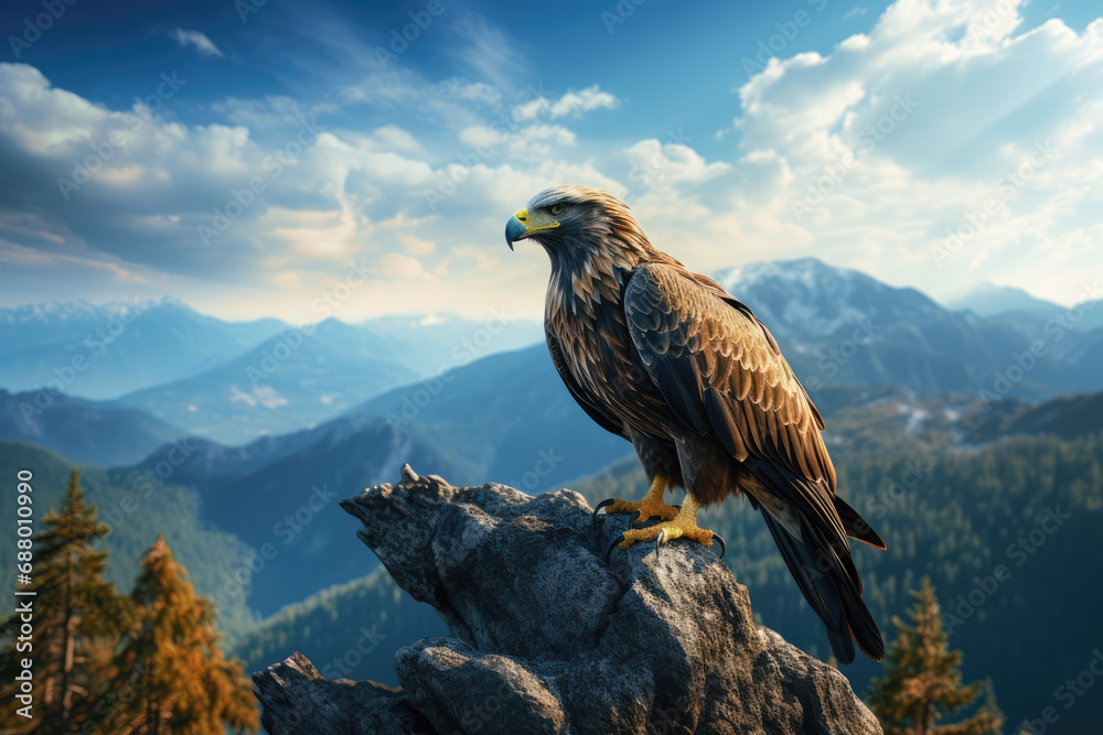 Fototapeta premium majestic bird of prey perching on mountain peak