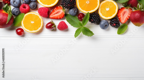Top View of Assorted Fruits with Blank Space - A Wholesome Display on a Clean White Background.