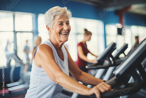 Senior woman in the gym, exercise for the elderly, stretching routine, fitness for mature individuals