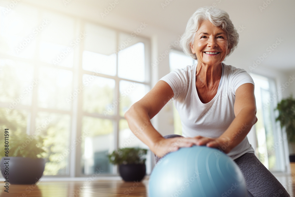 Senior woman doing sport in her apartment, fitness routine for an active and energetic lifestyle Senior woman doing sport in her apartment, fitness routine for an active and energetic lifestyle