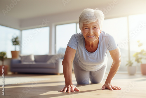Elderly woman's home workout, fitness and stretching exercises for a healthy and active lifestyle