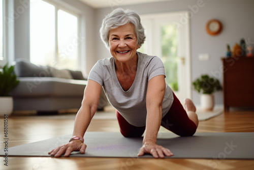 Mature woman staying fit at home, engaging in health-promoting exercise and stretching photo