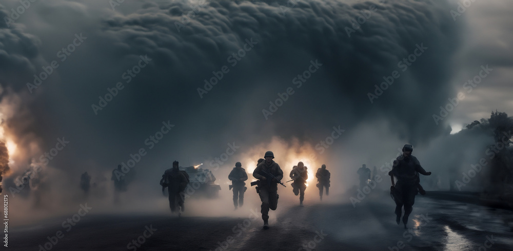 attack of infantrymen on the battlefield in smoke and fog. war concept