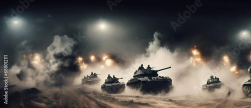 column of military tanks stands at night. military action concept photo