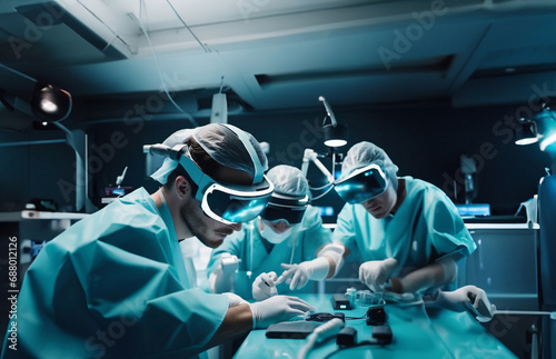 doctors, surgeons, scientists work in VR glasses in a laboratory, training doctors with virtual reality technology