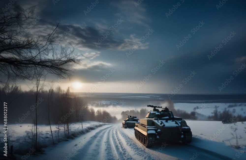 war in winter, tanks are driving with the military along a winter snowy road.