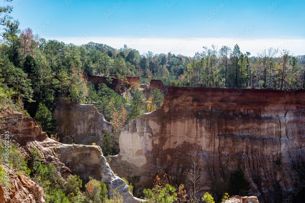 Trees and cliffs on a clear day in Providence Canyon