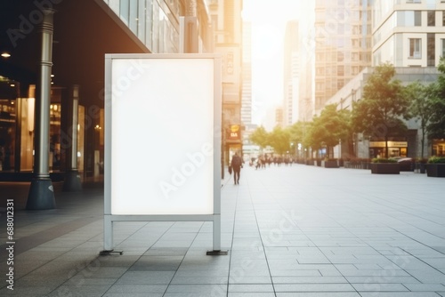 Vertical blank glowing billboard on the city street. In the background buildings and road with cars and sun light. Mock up. The poster on the street next to the roadway.