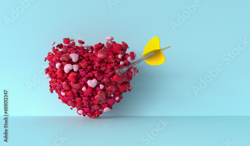 Dart piercing through bunch of hearts against blue background photo