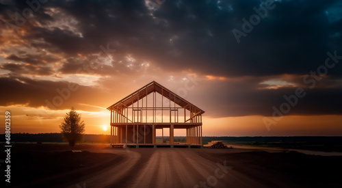 construction of a wooden frame house with a beautiful landscape at sunset