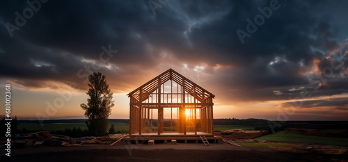 construction of a wooden frame house with a beautiful landscape at sunset