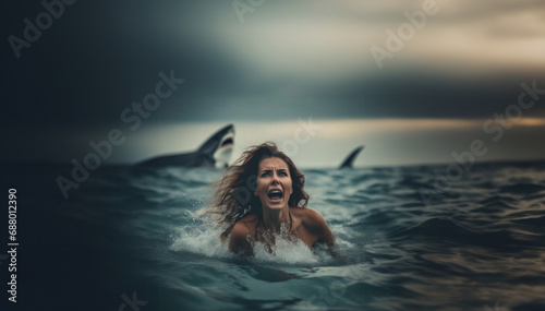 woman in the water screams and cries drowning, danger photo