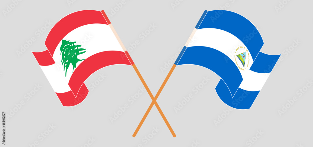 Crossed and waving flags of the Lebanon and Nicaragua Crossed and waving flags of the Lebanon and Nicaragua