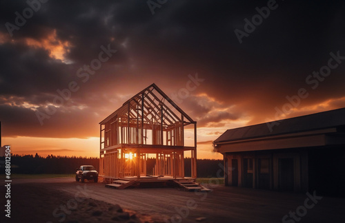 construction of a wooden frame house with a beautiful landscape at sunset