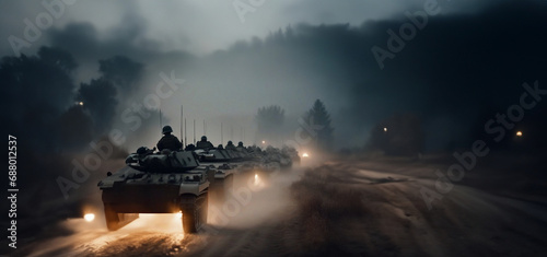 column of military tanks stands at night. military action concept photo