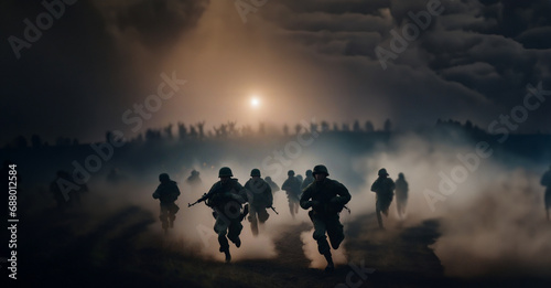 attack of infantrymen on the battlefield in smoke and fog. war concept