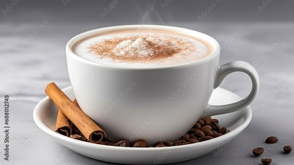 Cup of cappuccino with cinnamon and coffee beans on gray background. Cup of cappuccino with cinnamon and coffee beans on gray background.